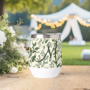 Monogram Initial Sage Green Botanical Florals Gift Thermal Wine Tumbler