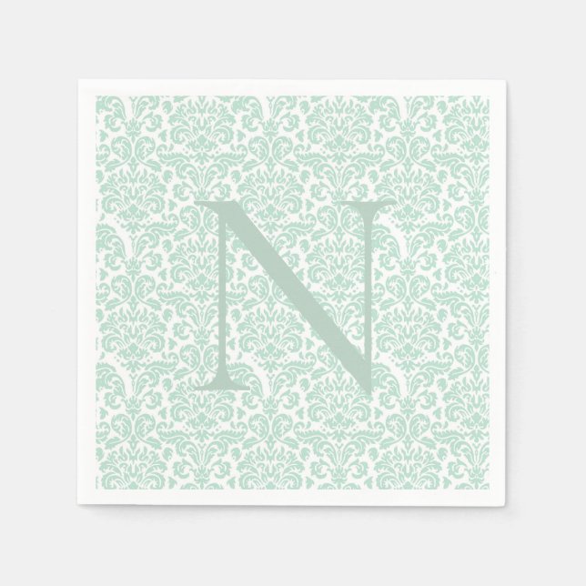 Monogram Initial Sage Green Damask Napkins (Front)