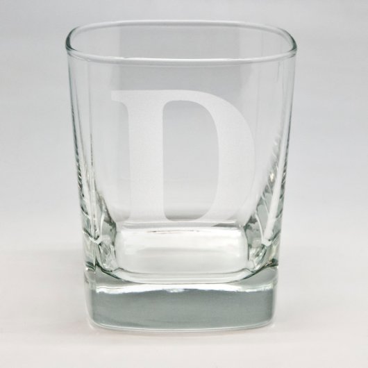 Monogram Initial Sand Etched Square Rocks Glass  (Front)