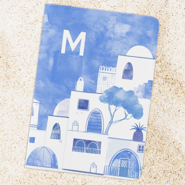 Monogram Initial Santorini Greek Mediterranean Passport Holder (Modern monogram initial personalized blue and white watercolor Santorini Greek island passport cover)