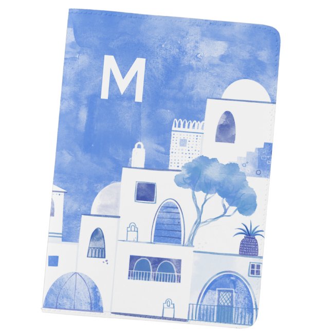 Monogram Initial Santorini Greek Mediterranean Passport Holder (Modern monogram initial personalized blue and white watercolor Santorini Greek island passport cover)