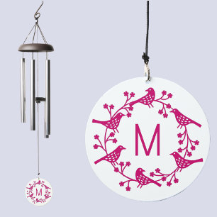 Monogram Initial Scandinavian Bird Wreath Wind Chime