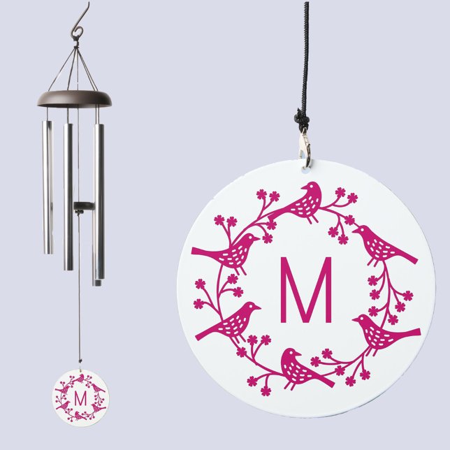 Monogram Initial Scandinavian Bird Wreath Wind Chime (Scandinavian bird wreath monogram initial personalized wind chime)