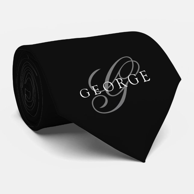 Monogram initial Script Black Neck Tie (Rolled)