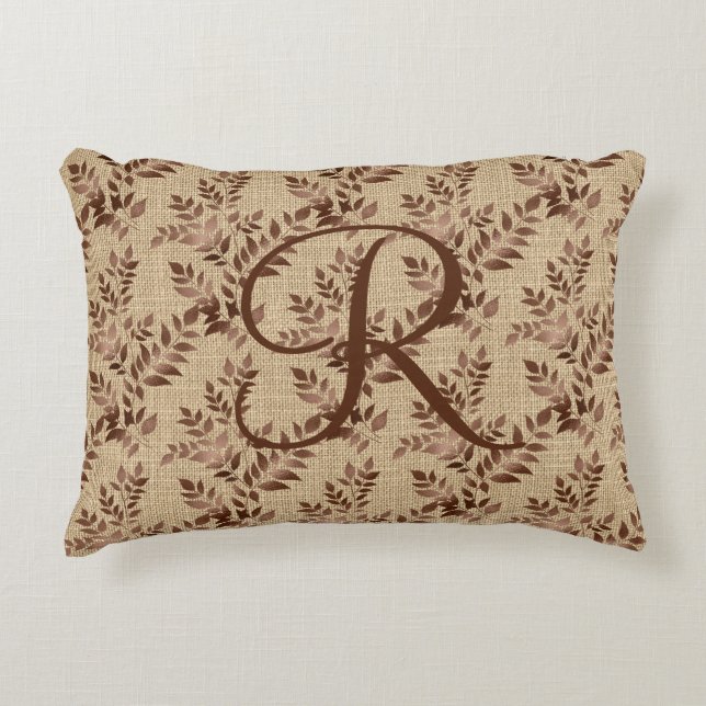 Monogram Initial Script Brown Rose Gold Leaves Accent Pillow (Front)
