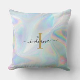 Monogram Initial Script Holographic Iridescent Throw Pillow