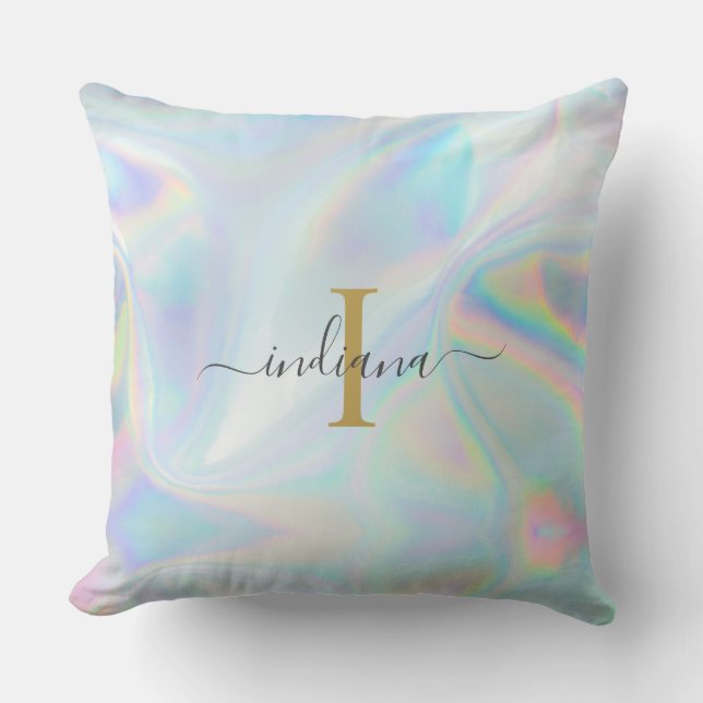 Monogram Initial Script Holographic Iridescent Throw Pillow (Front)