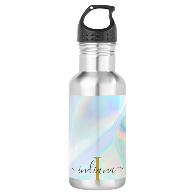 Monogram Initial Script Holographic Modern Stainless Steel Water Bottle (Front)