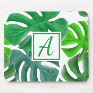 Monogram Initial Simple Green Nature Leaves Mouse Pad