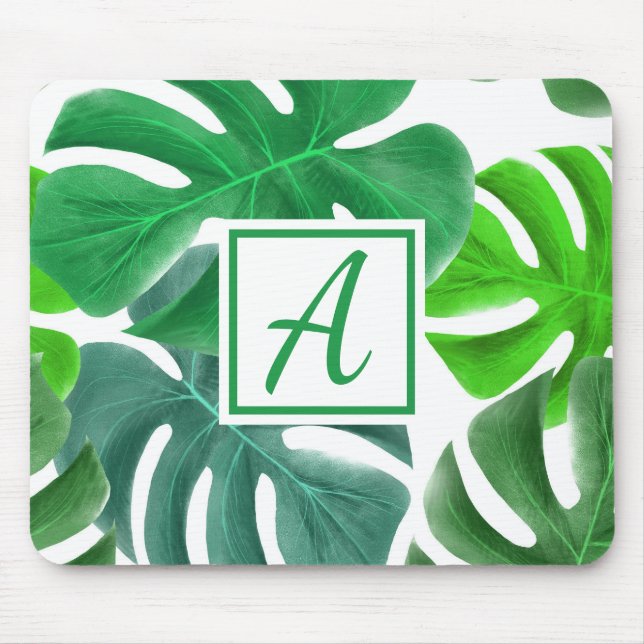 Monogram Initial Simple Green Nature Leaves Mouse Pad (Front)