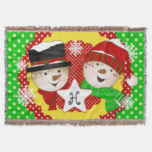 Monogram Initial Snowmen on Classic Dot Throw Throw Blanket