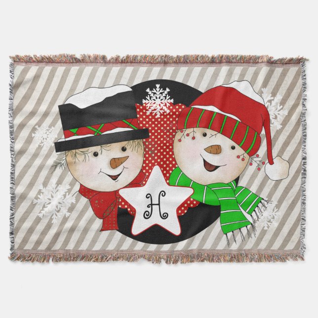Monogram Initial Snowmen on Gray Stripe Throw Blanket (Front)