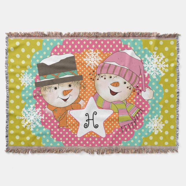 Monogram Initial Snowmen on Multi Dot Throw Blanket (Front)