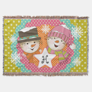 Monogram Initial Snowmen on Multi Dot Throw Throw Blanket