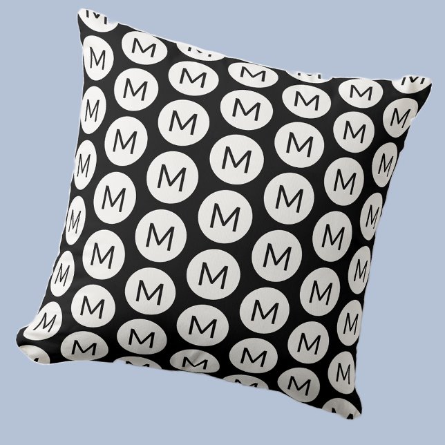 Monogram Initial Spot Pattern Personalized Black Throw Pillow (Polka dot spot pattern modern monogram initial personalized pillow In black and white)