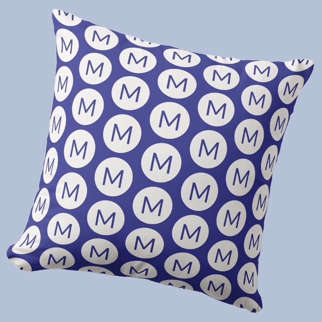 Monogram Initial Spot Pattern Personalized Blue Throw Pillow (Polka dot spot pattern modern monogram initial personalized pillow In blue and white)