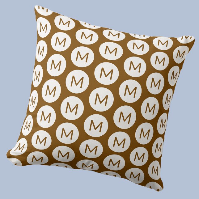Monogram Initial Spot Pattern Personalized Brown Throw Pillow (Polka dot spot pattern modern monogram initial personalized pillow In mocha brown)