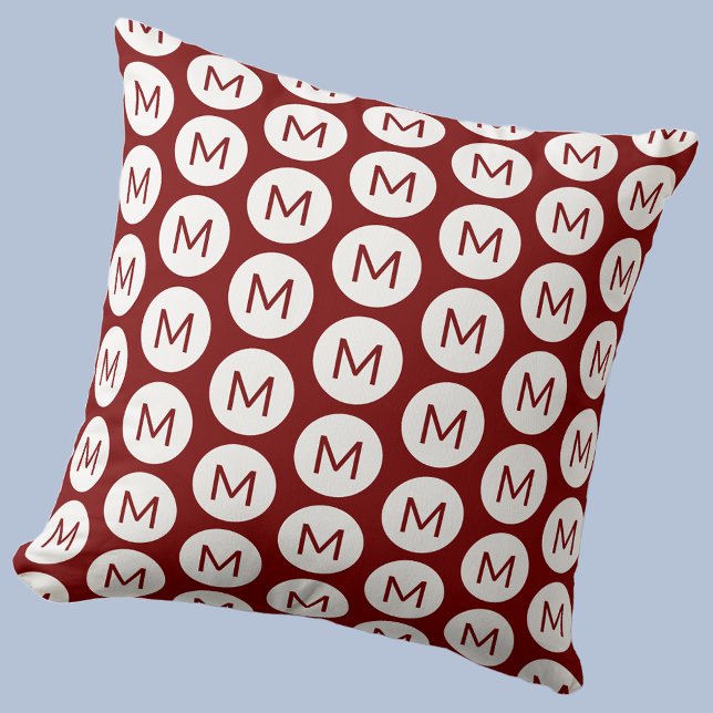 Monogram Initial Spot Pattern Personalized Red Throw Pillow (Polka dot spot pattern modern monogram initial personalized pillow In dark red burgundy)