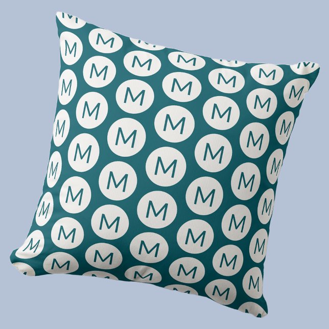Monogram Initial Spot Pattern Personalized Teal Throw Pillow (Polka dot spot pattern modern monogram initial personalized throw pillow In teal green)