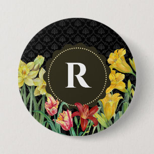 Monogram Initial Spring Flowers Damask Background Button