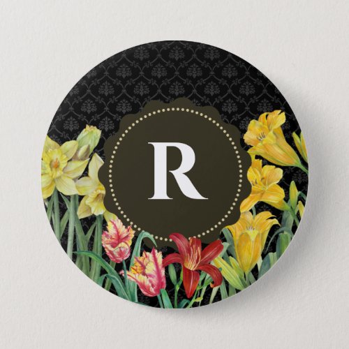 Monogram Initial Spring Flowers Damask Background Button