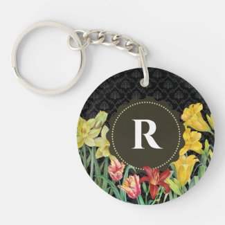 Monogram Initial Spring Flowers Damask Background