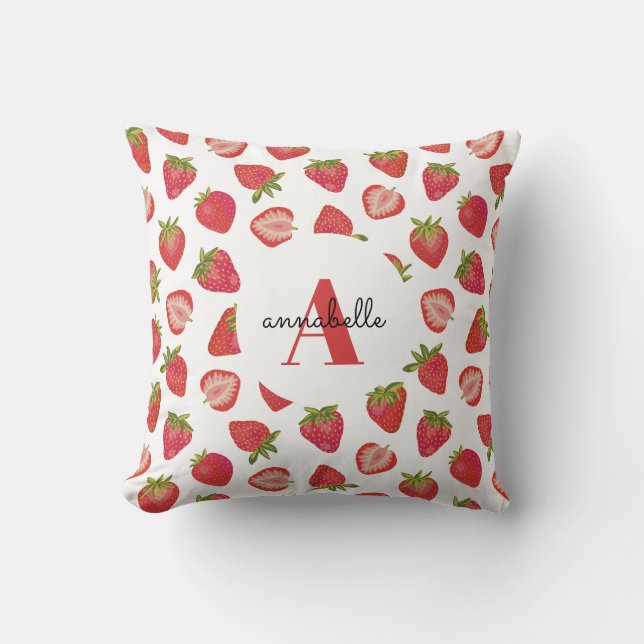 Monogram Initial Strawberry Pattern Throw Pillow (Front)
