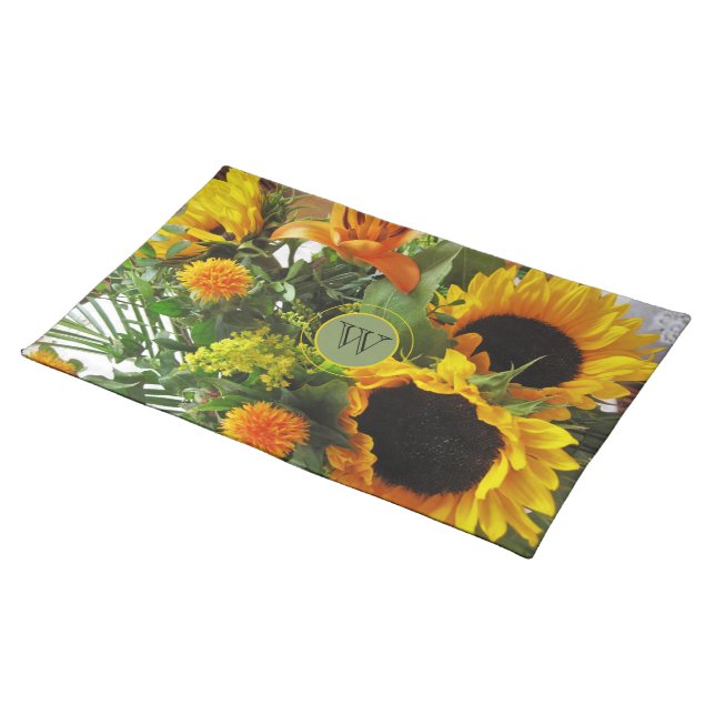 Monogram Initial, Sunflowers Print 20x14 Cloth Placemat (On Table)