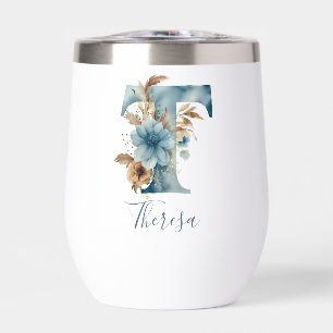 Monogram Initial T Blue Floral Watercolor Gift Her Thermal Wine Tumbler