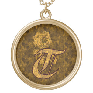 Monogram Initial T Elegant Gold Peony Flower  Plated Necklace