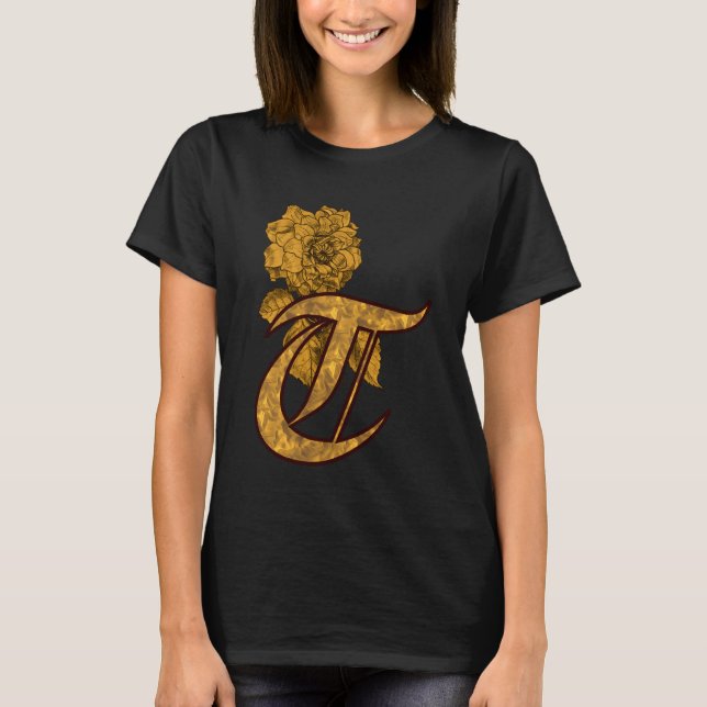 Monogram Initial T Gold Peony Floral T-Shirt (Front)