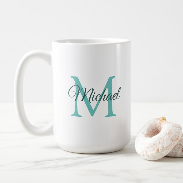Monogram Initial Template Light Teal White Coffee Mug (With Donut)