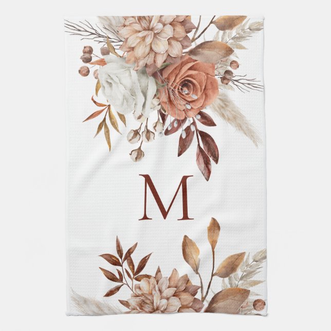 Monogram Initial Terracotta Florals Pampas Kitchen Towel (Vertical)