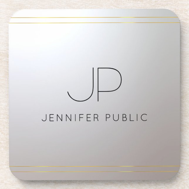 Monogram Initial Trendy Template Gold Silver Beverage Coaster (Front)