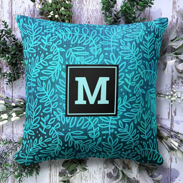 Monogram initial turquoise leaf pattern modern throw pillow (Creator Uploaded)