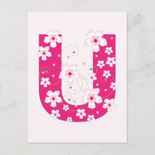 Monogram initial U pretty pink floral postcard