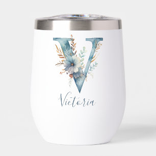 Monogram Initial V Blue Floral Watercolor Gift Her Thermal Wine Tumbler