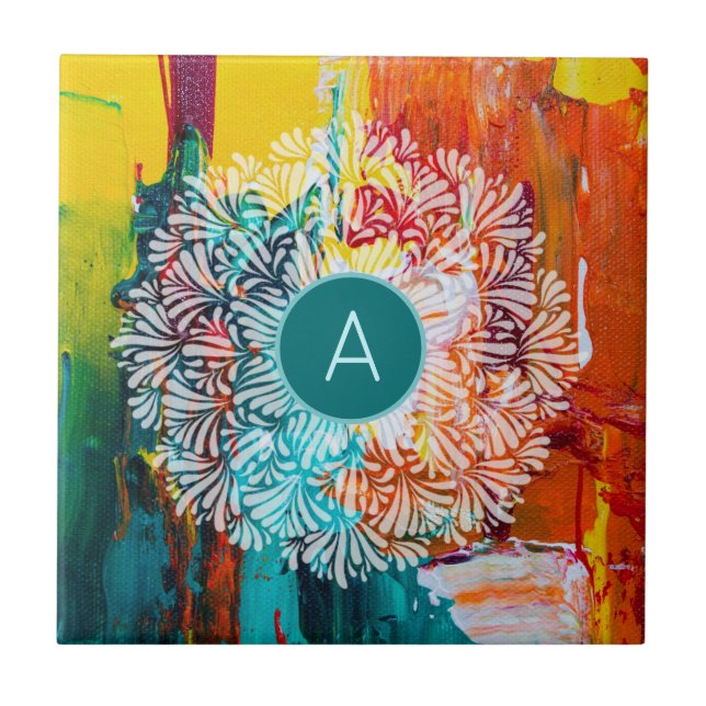 Monogram Initial Vibrant Abstract Painting Mandala Ceramic Tile (Front)