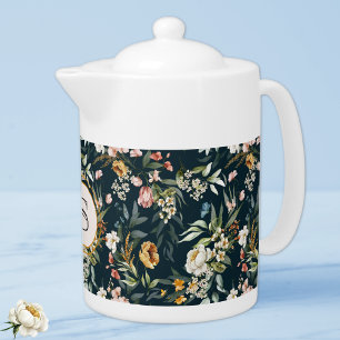 Monogram Initial, Vintage Watercolor Florals 44oz Teapot