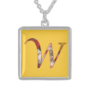 Monogram Initial W Floral Design Necklace