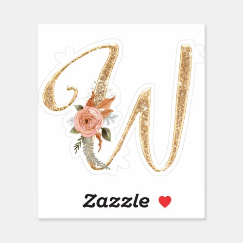 Monogram Initial W Gold Glitter Peony Rose Floral Sticker