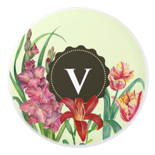 Monogram Initial Warm Color Floral Illustration Ceramic Knob