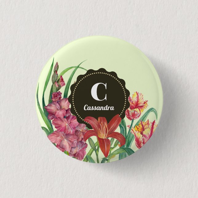 Monogram Initial Warm Color Floral Spring Blooms Button (Front)
