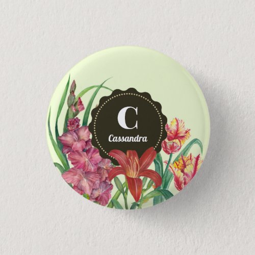 Monogram Initial Warm Color Floral Spring Blooms Button