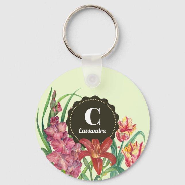 Monogram Initial Warm Color Floral Spring Blooms Keychain (Front)