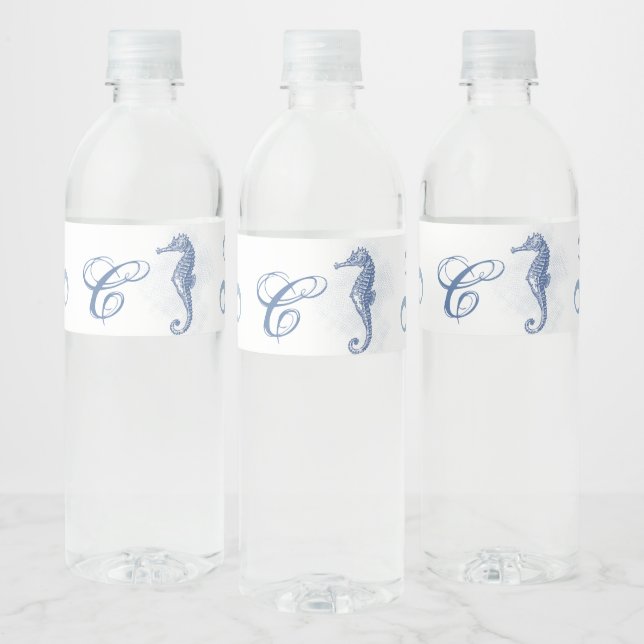 Monogram Initial Water Bottle Label Seahorse Sea (Bottles)