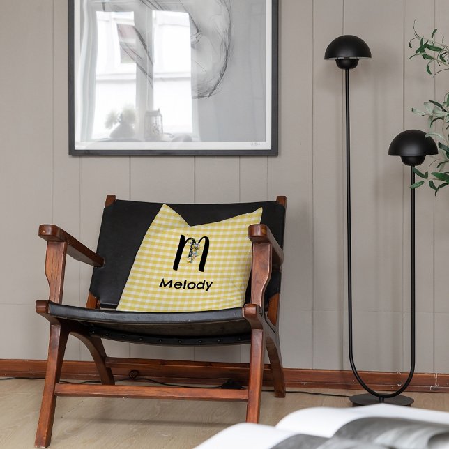 Monogram initial watercolor flower gingham pattern throw pillow (Creator Uploaded)
