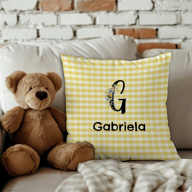 Monogram initial watercolor flower gingham pattern throw pillow (Creator Uploaded)