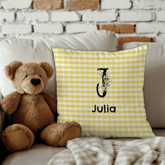 Monogram initial watercolor flower gingham pattern throw pillow (Creator Uploaded)
