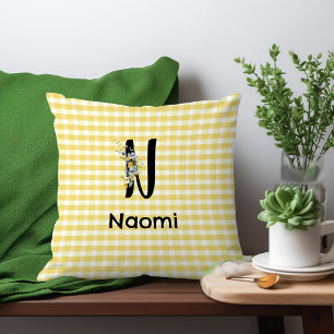 Monogram initial watercolor flower gingham pattern throw pillow